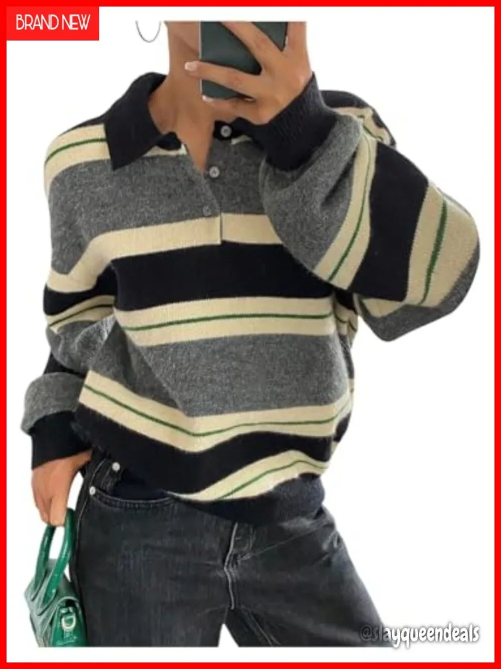 Striped Collared Long Sleeve Knit Pullover Sweater Top